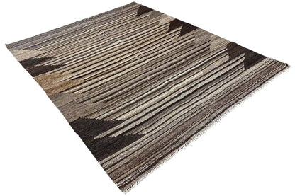 Kilim rug with a diagonal view, gray-beige stripes, and dark brown contrasts