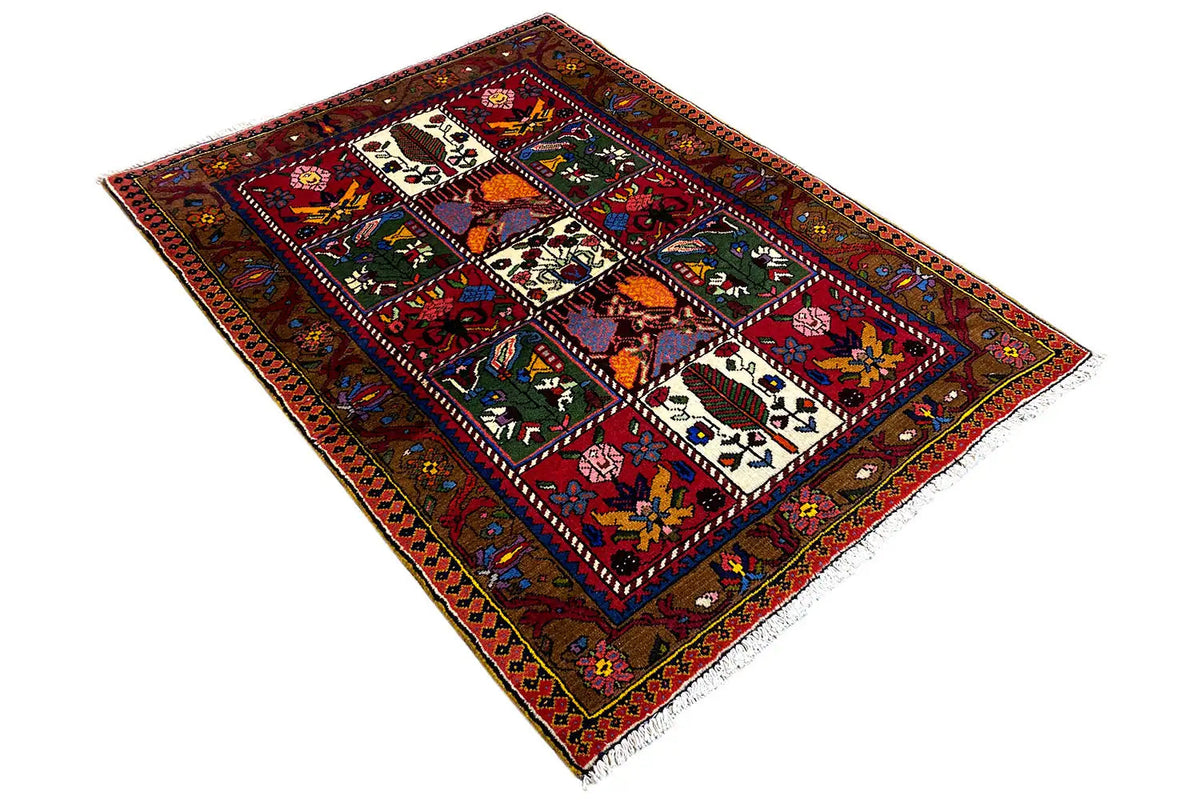Bakhtiari rug from above, diagonal view; multicolored fields with borders