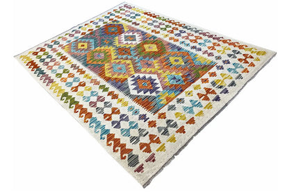 Afghan kilim 200x148 cm with diamond and zigzag pattern, photographed diagonally