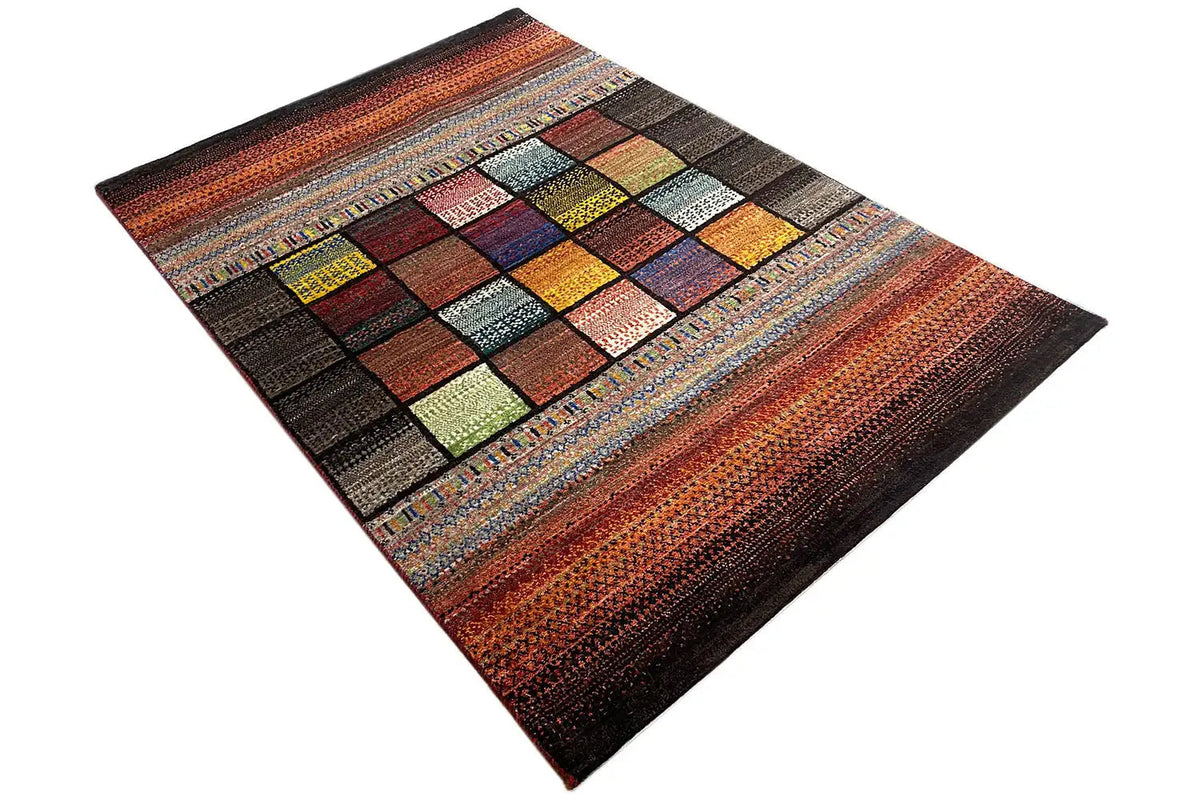 Gabbeh Lori rug, spread diagonally, square color blocks in a patchwork pattern