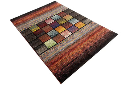Gabbeh Lori rug, spread diagonally, square color blocks in a patchwork pattern