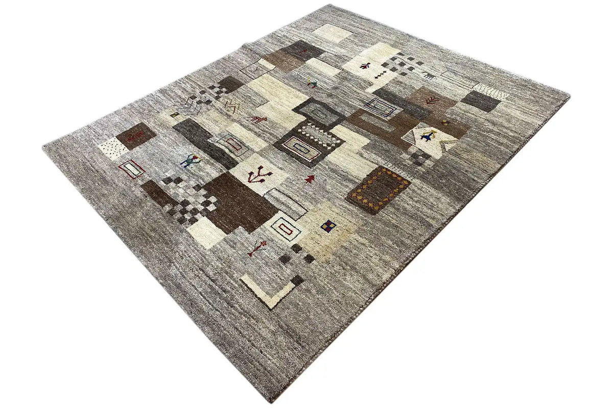 Gabbeh rug with patchwork design in gray, beige, and brown