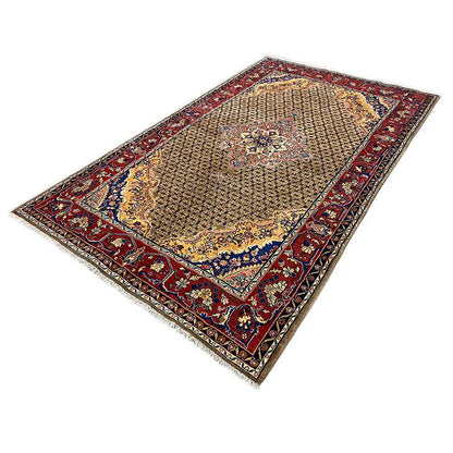 Rectangular Hamadan rug, central beige ornament with a red and blue border