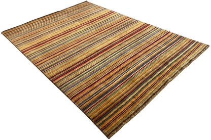 Square rug in a diamond orientation with narrow stripes in brown, blue, red and yellow