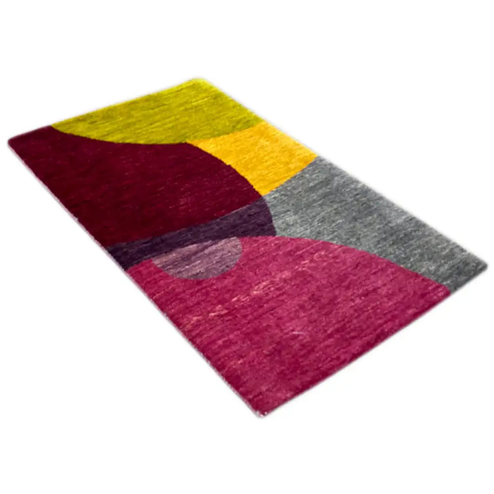 Gabbeh rug diagonal: abstract color blocks in burgundy, yellow, and gray