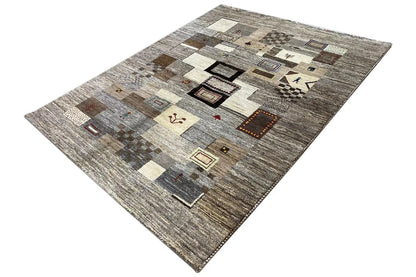 Gabbeh rug 206x155 cm, angled view of the geometric pattern in gray and brown