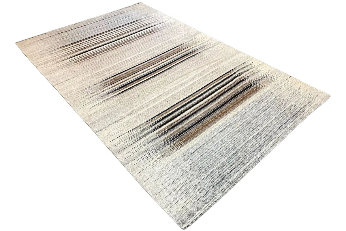 Dhurrie rug diagonal: horizontal lines in brown and dark gray on light beige