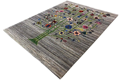 Gabbeh Lori rug in three-quarter view, gray field with a colorful tree motif
