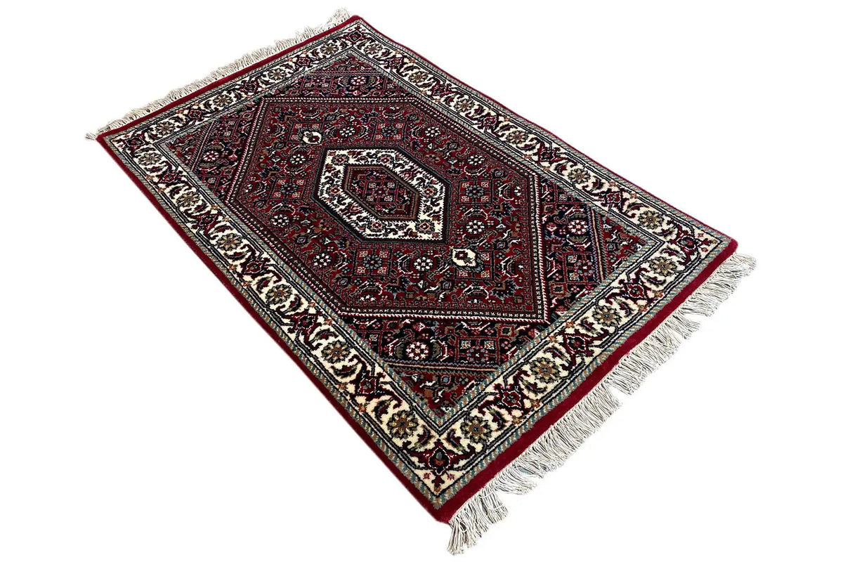 Bidjar rug (93x61 cm), diagonal, red ornamental pattern with fringes at the corners