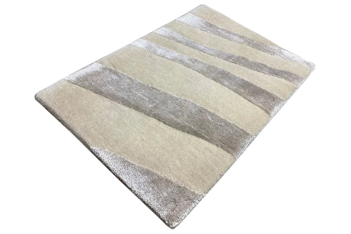 Rectangular rug with light and gray horizontal stripes, laid flat