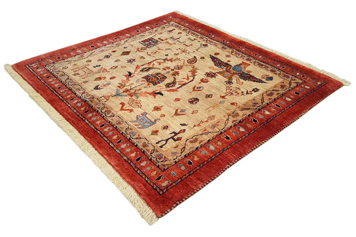 Oriental rug with a red border, beige background, and multicolored pattern, square.