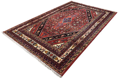 Oriental rug with a wide border, red field, and delicate blue and beige ornaments