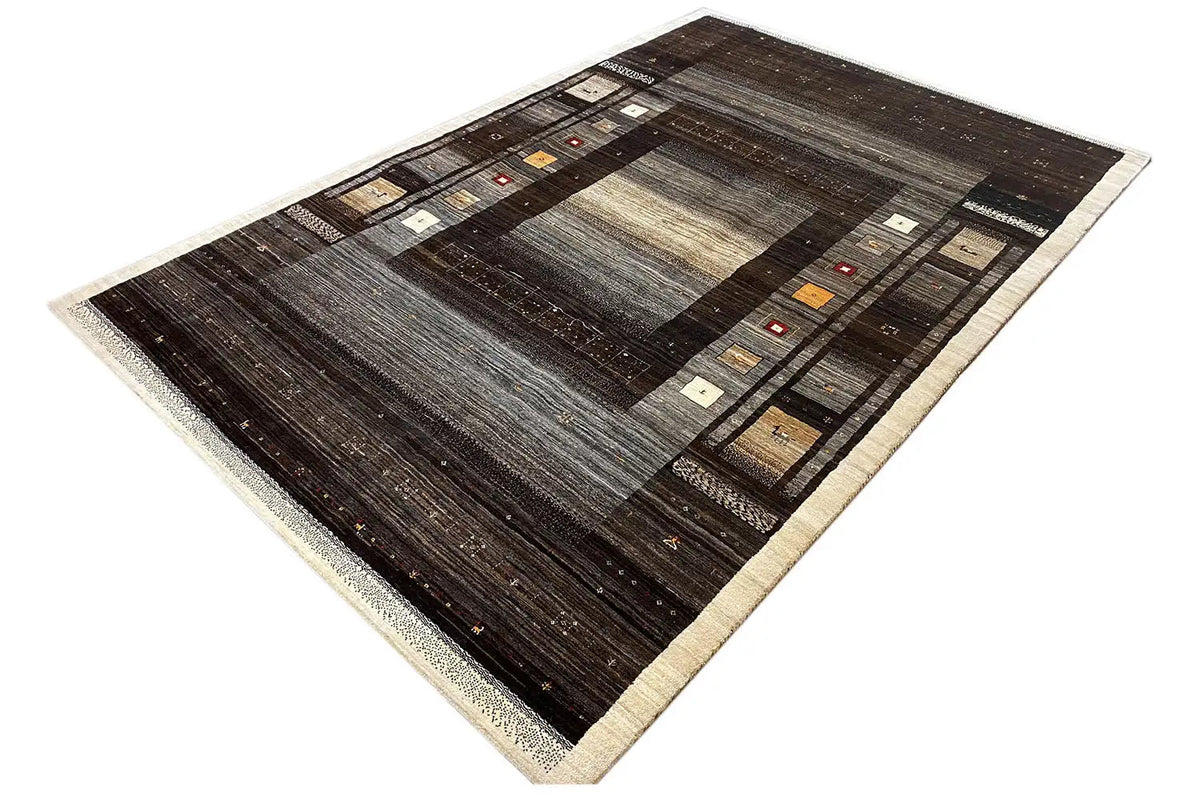 Gabbeh Lori rug from the side, dark brown and gray grid with borders