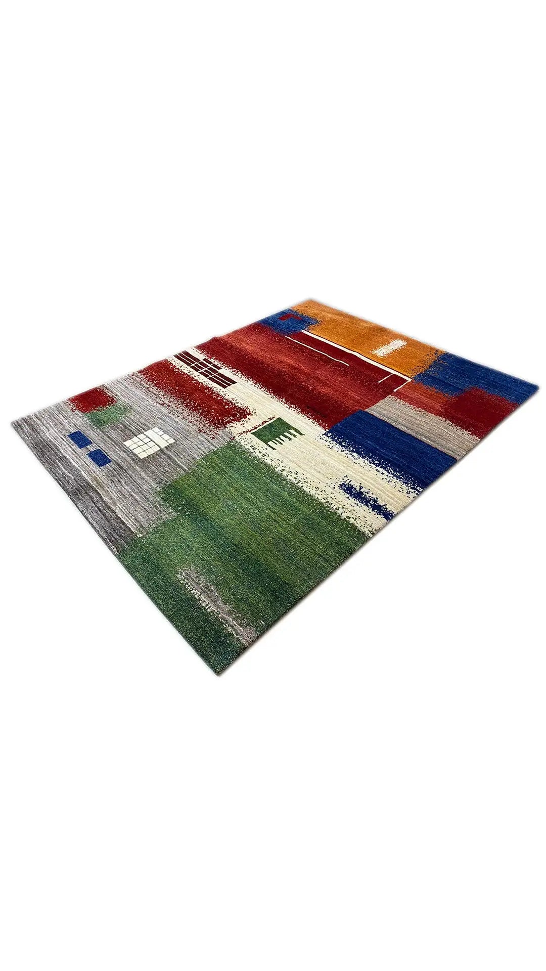 Gabbeh rug (198x150 cm), laid out, color blocks in red, green, blue, and beige
