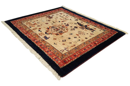 Oriental rug with a beige field, red border and dark edging, light-colored fringe.