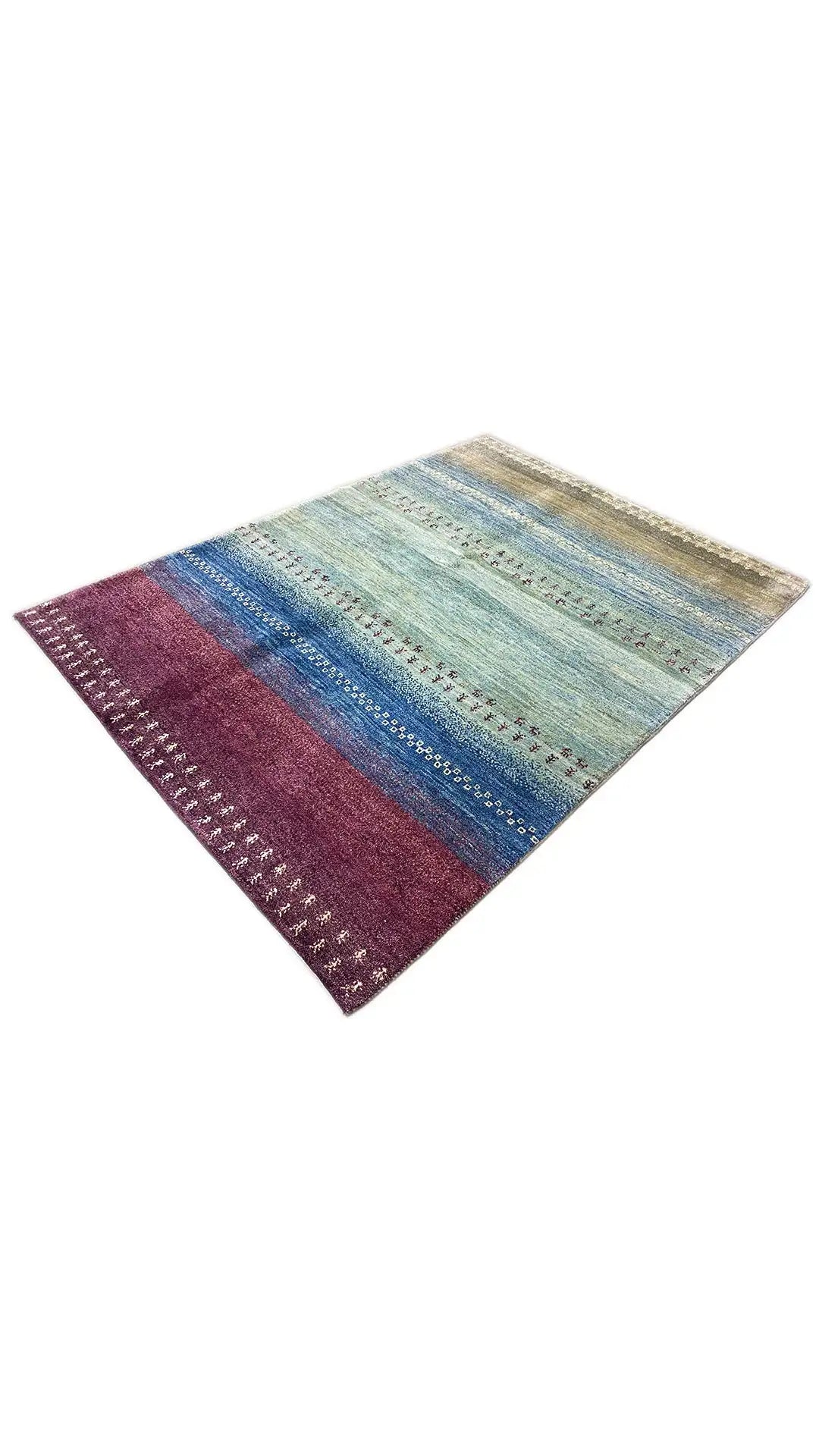 Gabbeh rug 200x148 cm, diagonal: burgundy border, blue-green center-part