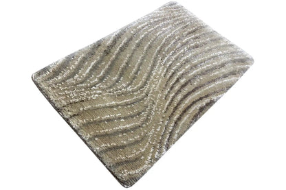 Diamond-shaped rug with beige and silver-gray wavy stripes.