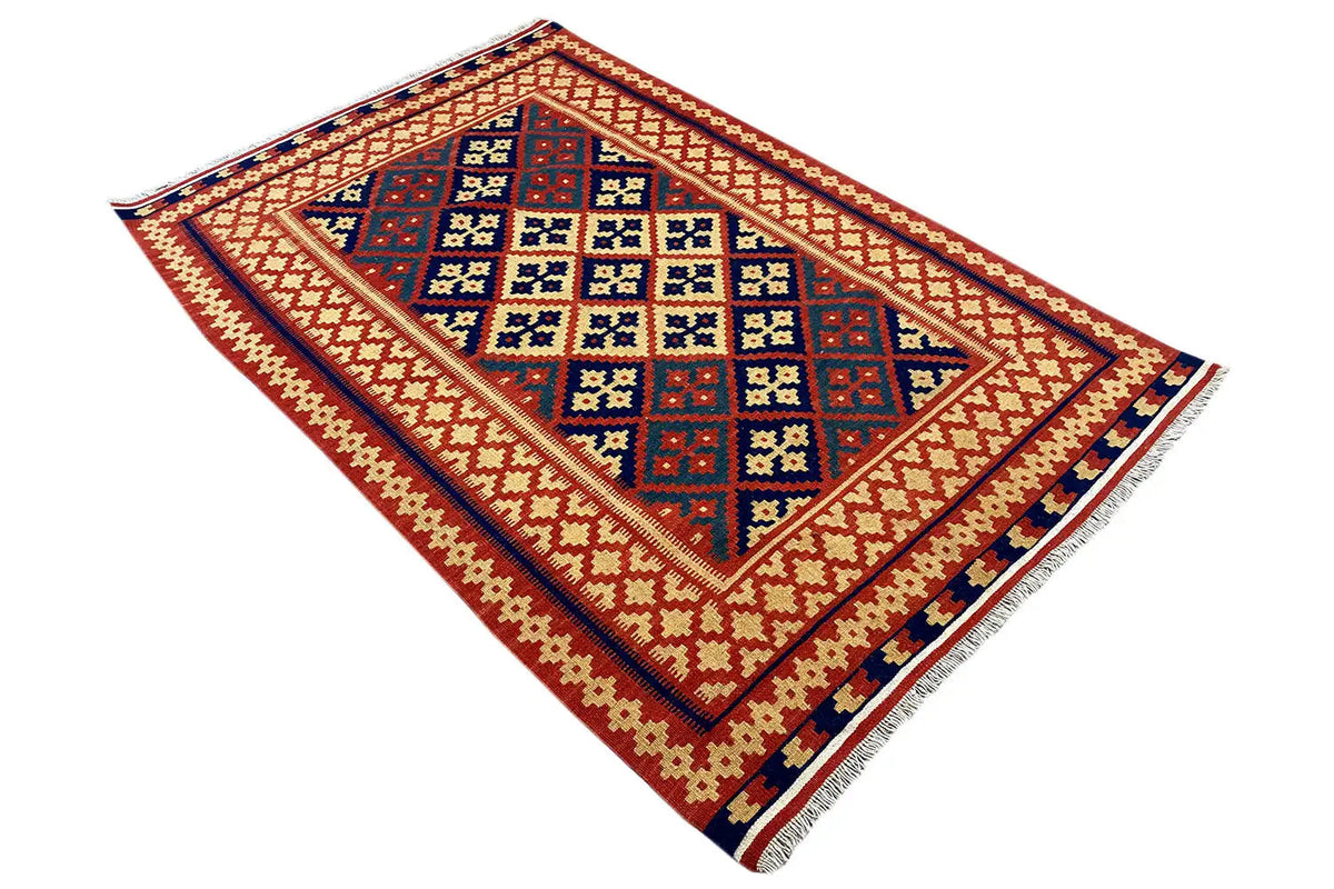 Flat-weave kilim rug with diamond and tile patterns, red background with blue accents