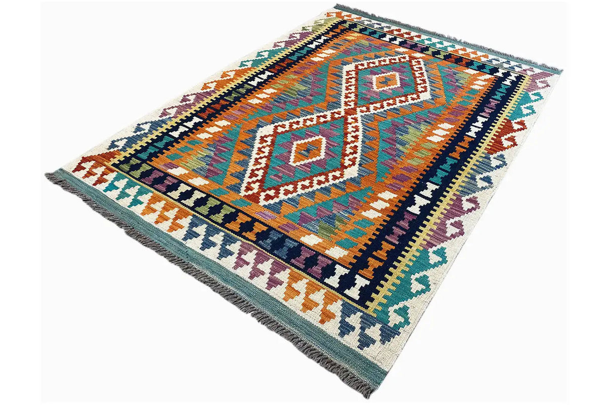 Afghan kilim with a diagonal diamond pattern, orange, blue, turquoise, and fringes