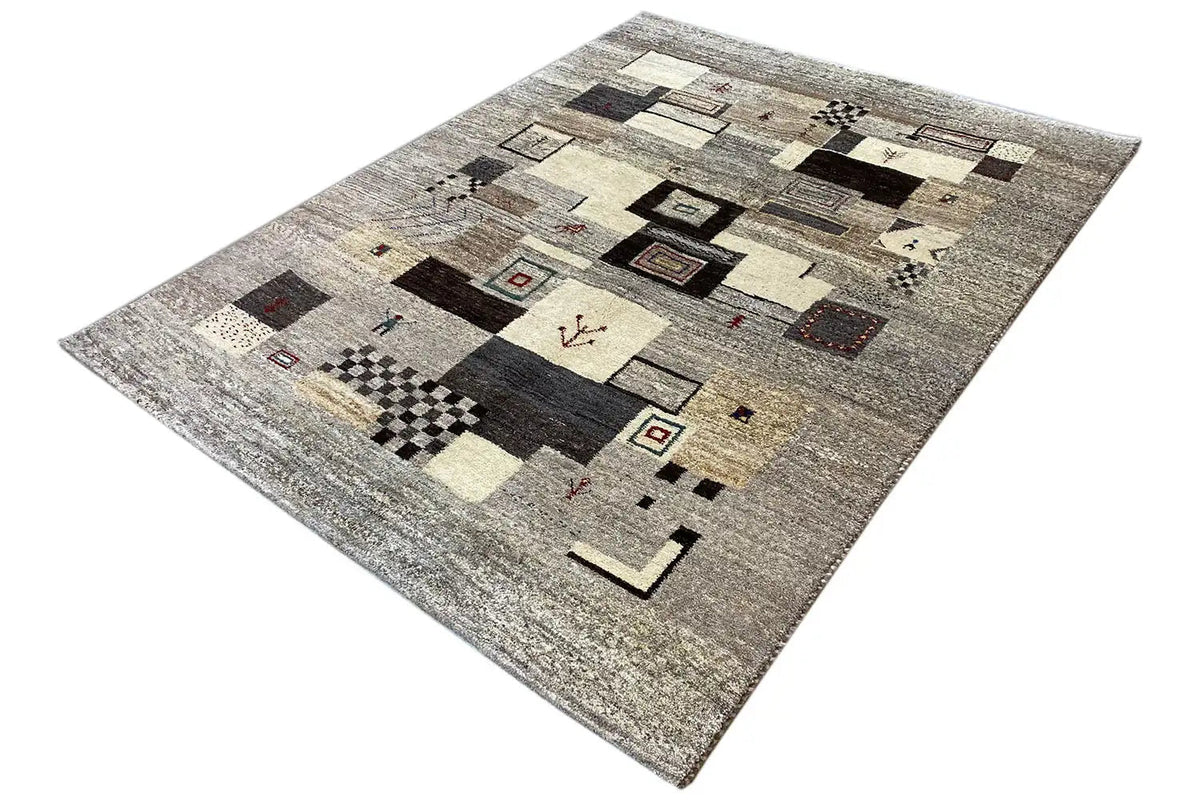 Gabbeh rug 198x148 cm, angled, gray pile with a high-contrast geometric pattern