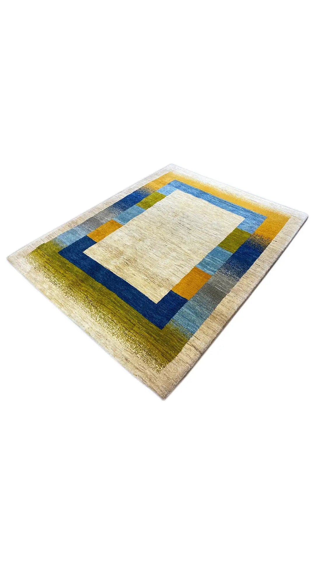 Gabbeh rug 195x150 cm with corner detail and central square, blue, green, yellow