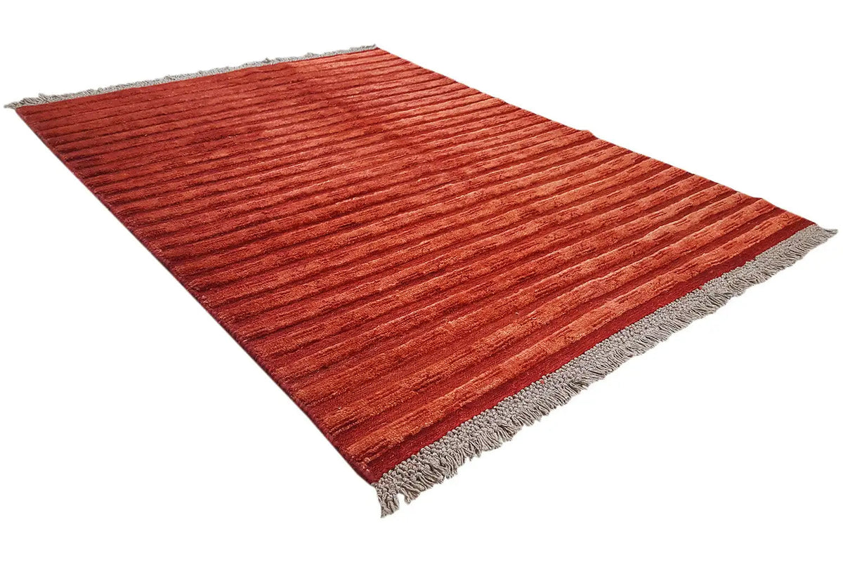 Reddish-brown Gabbeh rug with fine ribbed stripes, fringe on three sides