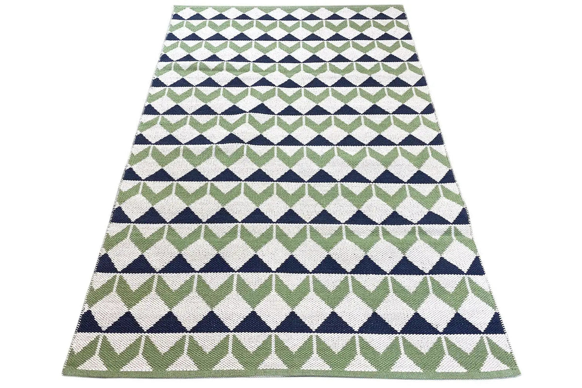 Rectangular kilim rug with a striped diamond and zigzag pattern in green/blue