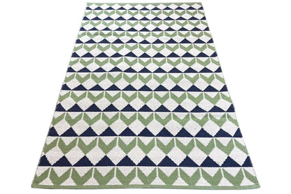 Rectangular kilim rug with a striped diamond and zigzag pattern in green/blue