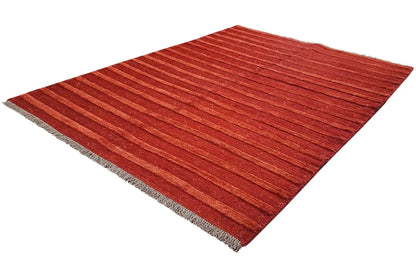 Gabbeh rug 196x147 cm, corner perspective: red stripes, fringe, and light border