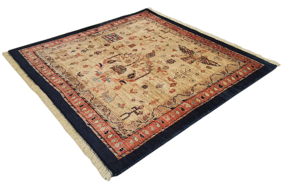 Small square rug with a vintage pattern, dark edging, and fringes