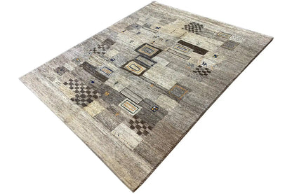 Gabbeh rug (193x156 cm) angled with block patterns in gray and beige