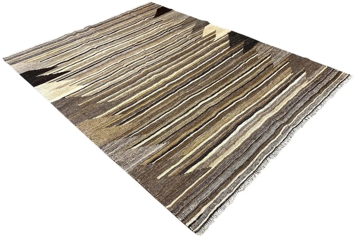 Dark brown and beige diamond-cut striped kilim rug