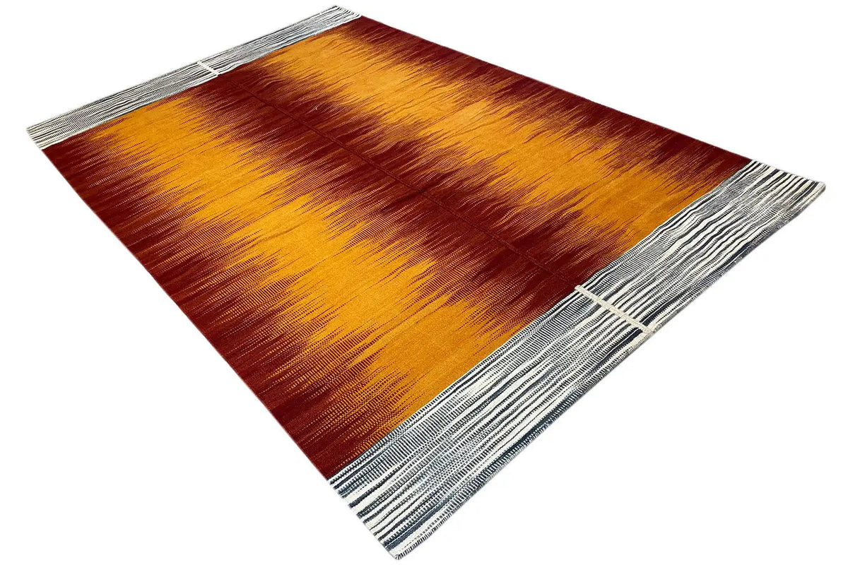 Kilim rug in a diamond pattern, orange-yellow design with a gray decorative stripe