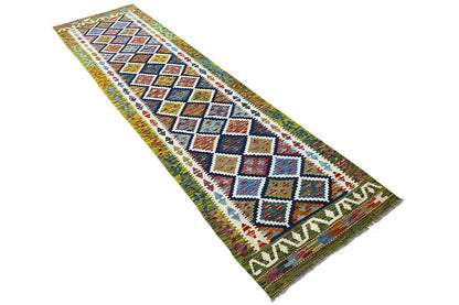 Kilim runner with diamond and zigzag patterns, colorful, laid diagonally
