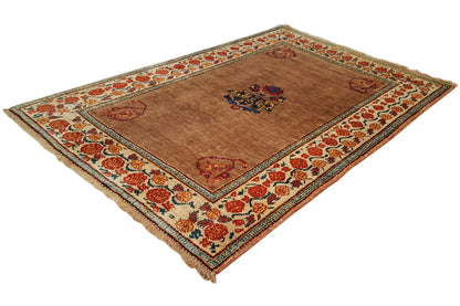 Square Oriental rug with a brown background, red patterned border, and medallion