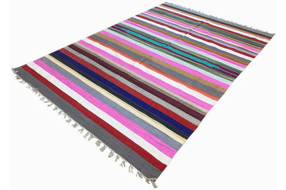 Slanted kilim dhurrie rug, multicolored stripes and fringes at the corners