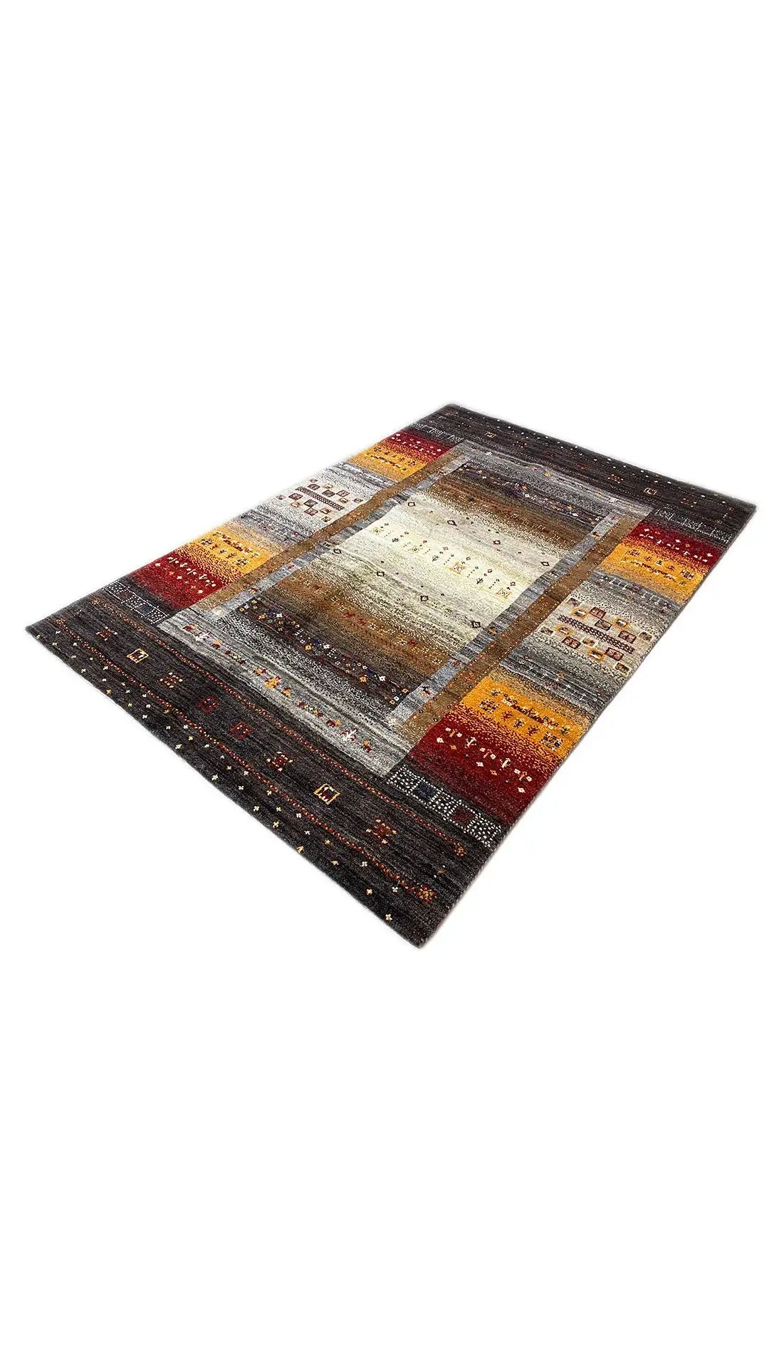Gabbeh rug placed at an angle, zoned pattern in dark brown, cream, orange and red