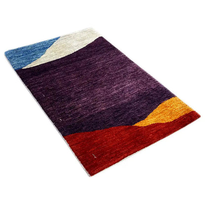Gabbeh rug diagonal: purple central field with a yellow border and blue-white stripes