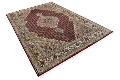 Indo Tabriz rug, spread out diagonally, burgundy field with medallion ornaments