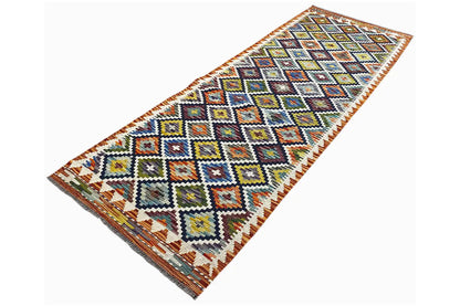 Diagonal kilim runner, multicolored zigzag and diamond pattern