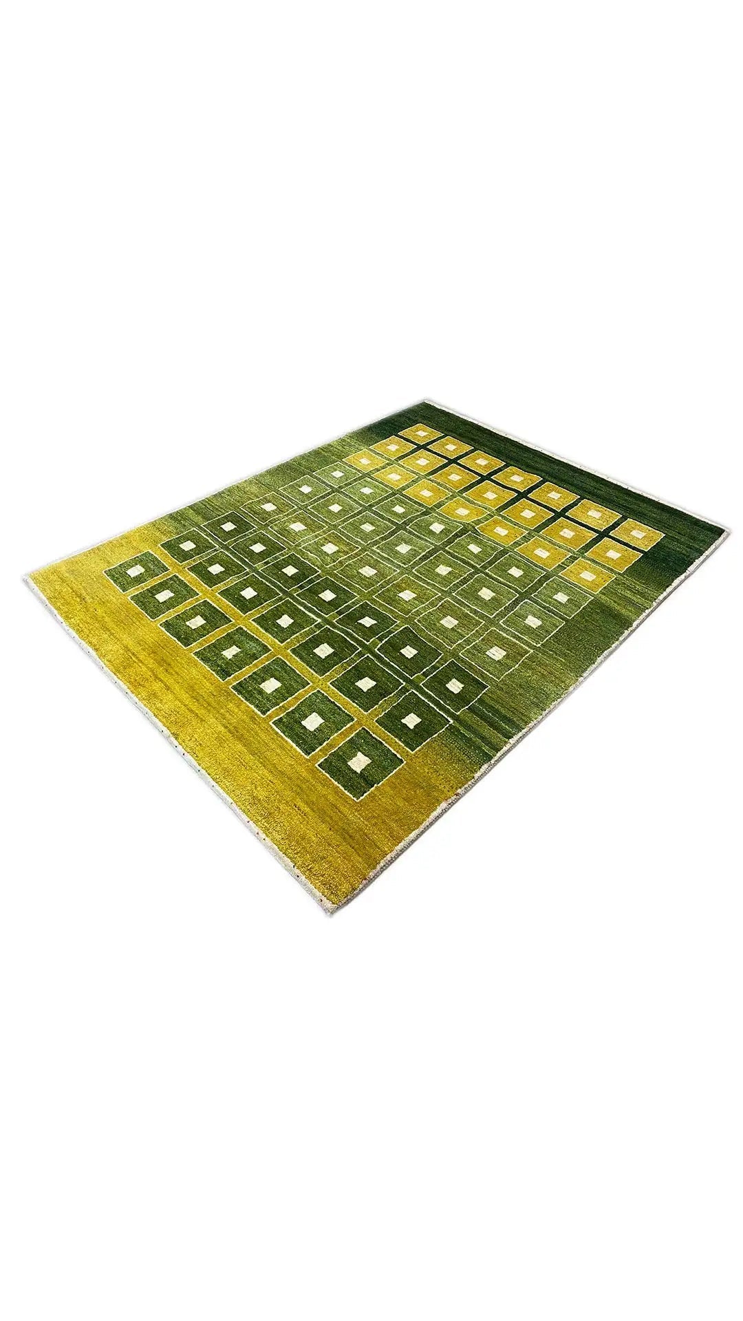 Gabbeh rug 199x152 cm: square layout with dark green and yellow fields