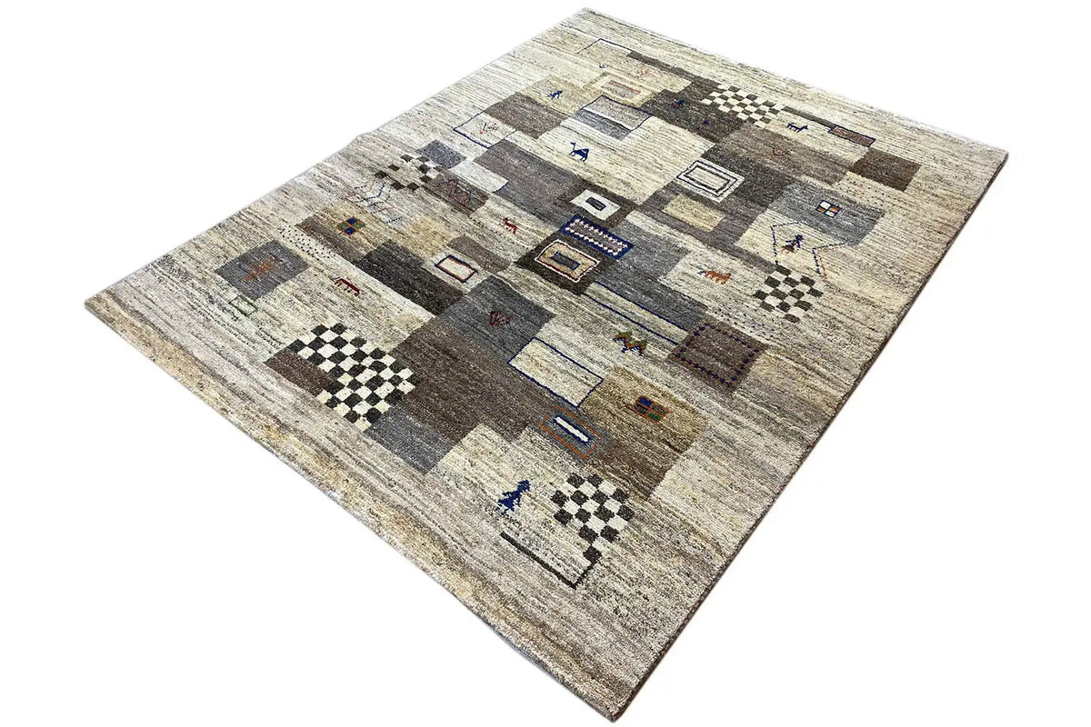 Rug with a beige base, brown-gray areas, and colorful symbols, flat-woven