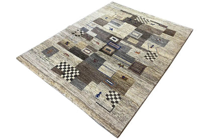 Rug with a beige base, brown-gray areas, and colorful symbols, flat-woven