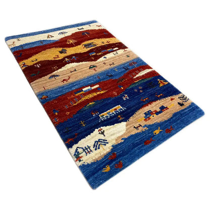Gabbeh rug 90x59 cm with a landscape pattern in blue, red, and beige
