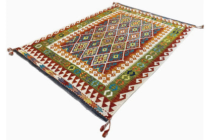 Kilim rug, geometric pattern in blue, green, and orange, rectangular, tassels