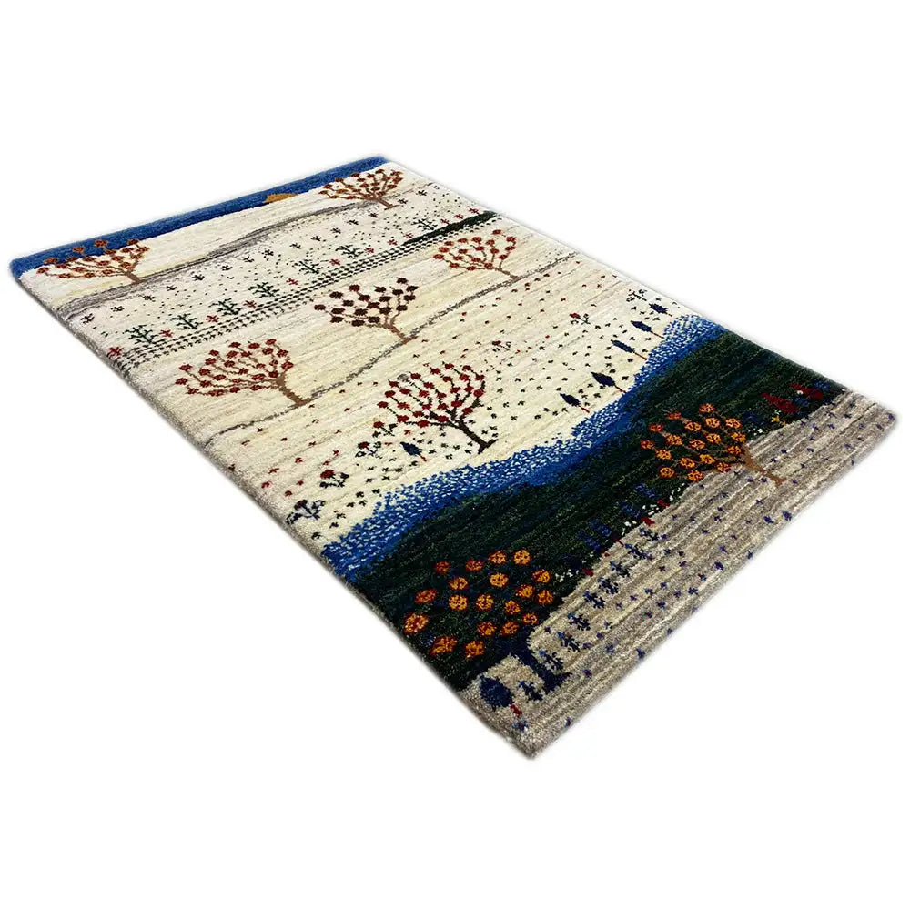 Gabbeh rug 88x59 cm, diagonal view: row of trees with red patterns and blue border