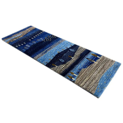 Blue-beige Gabbeh runner rug with stripes and a small landscape motif