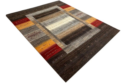 Rug: dark areas with a beige square in the center, multicolored border in gray and red