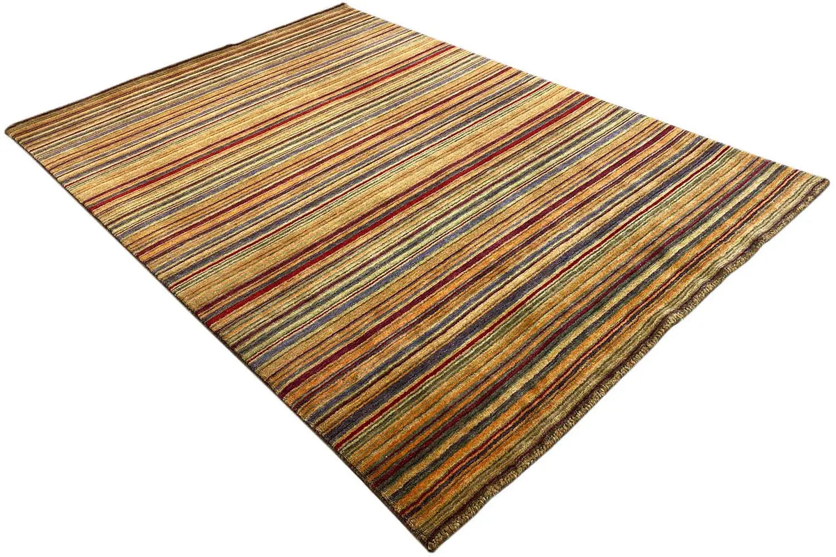 Diamond-shaped Gabbeh rug, multicolored horizontal stripes and short pile