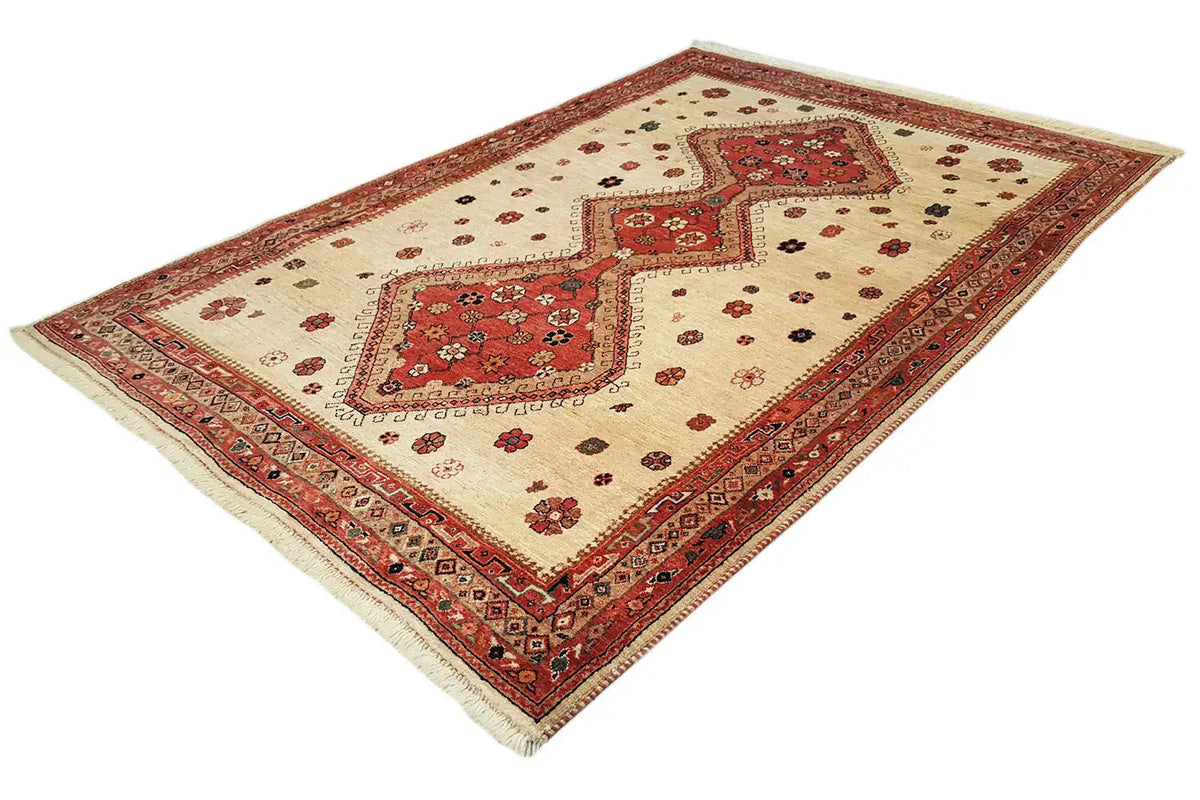 Beige carpet with red medallion and border, photographed rotated